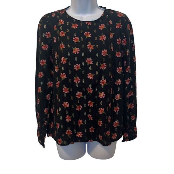 𝅺LOFT EUC Black Pink Floral Gold Metallic Long Sleeve Blouse Sz XS - Picture 1 of 7
